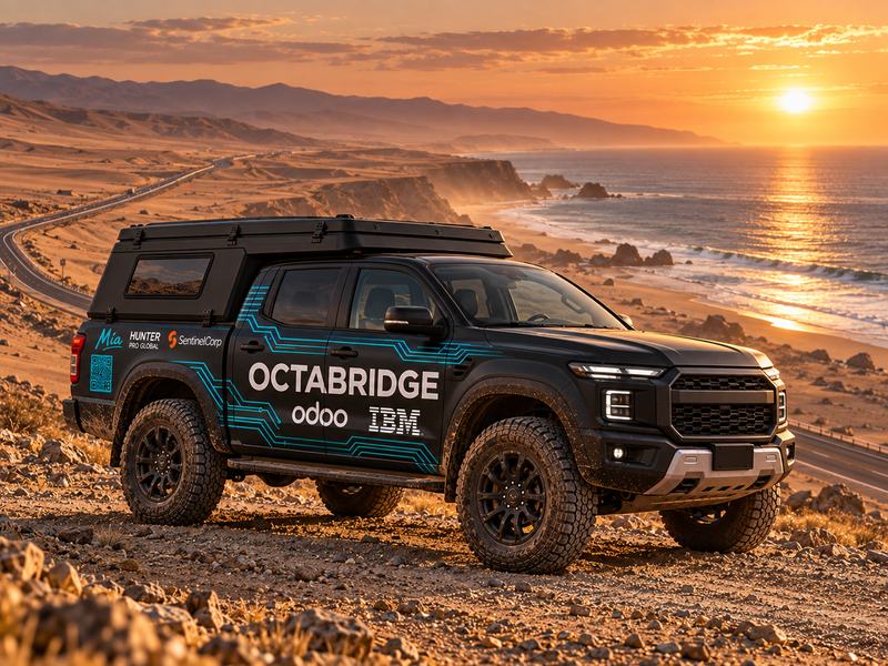 Concepto del vehículo de 2027, visto de lado, en un camino de la costa del desierto, con el mar y el sol poniéndose.