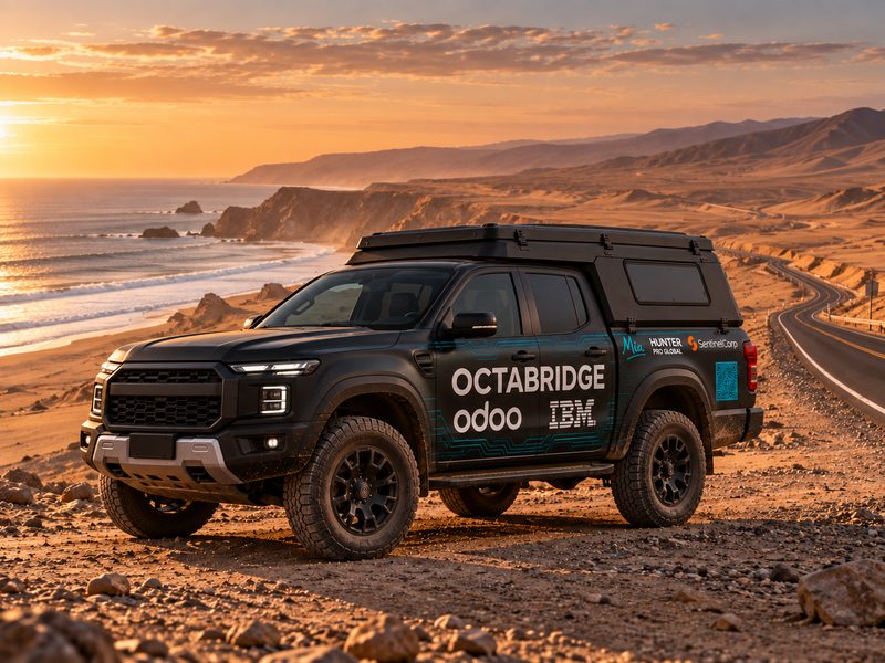 Concepto del vehículo de 2027, visto de frente, en la costa del desierto al atardecer, con el mar a un lado.
