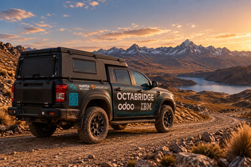 Concepto del vehículo de 2027, visto desde atrás, en un camino de tierra de los Andes con una laguna y montañas nevadas al fondo.
