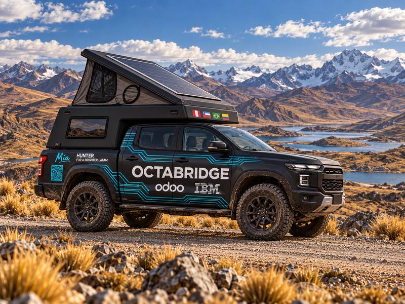 Concepto del vehículo de 2027 con techo solar y banderas, de día entre montañas y lagunas de los Andes.