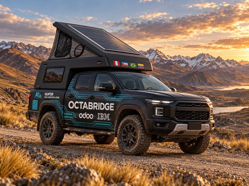 Concepto del vehículo de 2027 con techo solar y banderas, al atardecer entre montañas y lagunas de los Andes.
